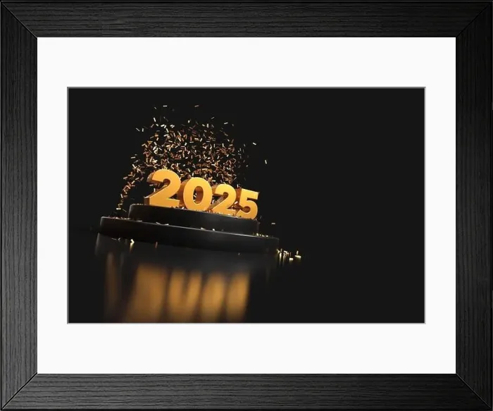 Framed Print : happy new year 2025 - 3D rendering - gold and black colors Framed Print : happy new year 2025 - 3D rendering - gold and black colors