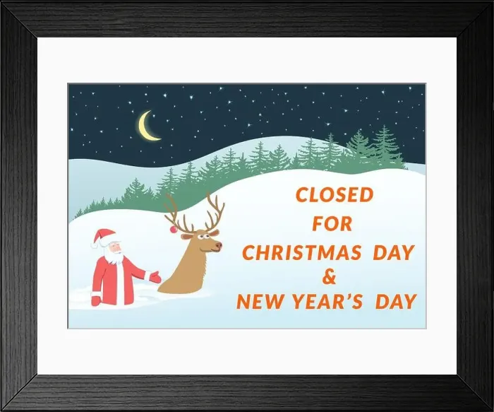 Framed Print : Sign Closed for New Years Day and Christmas Day. Santa Claus and reindeer stuck in snowdrift