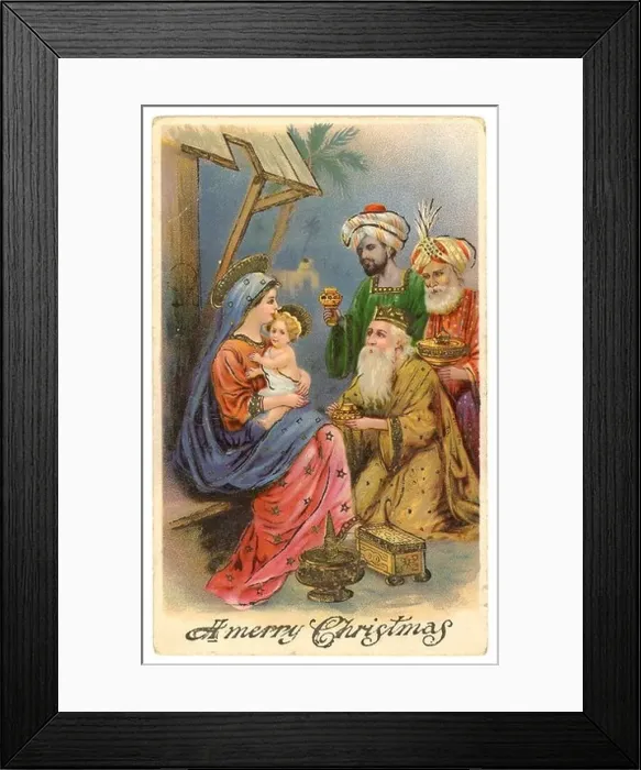 Framed Print : Vintage early 1900's Christmas postcard illustration with the Three Kings circa 1905 Framed Print : Vintage early 1900's Christmas postcard illustration with the Three Kings circa 1905