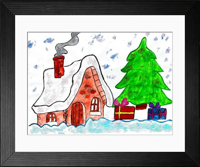 Framed Print : Small brown house, christmas tree, gifts, snowflakes, child drawing Framed Print : Small brown house, christmas tree, gifts, snowflakes, child drawing