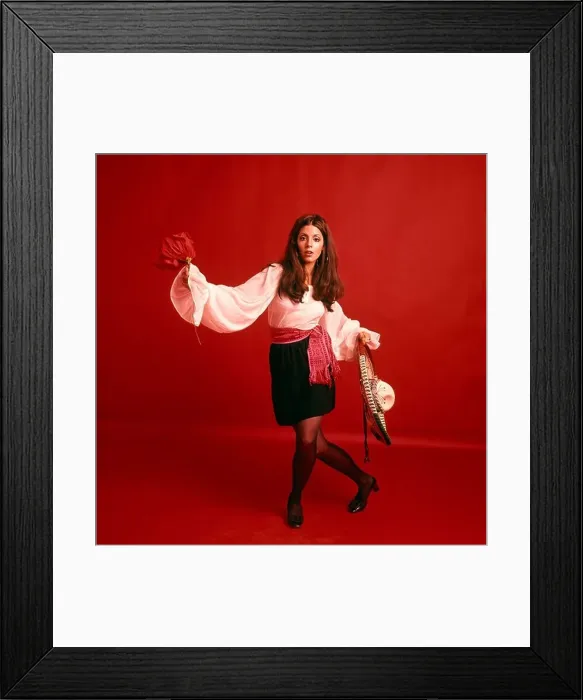 Framed Print : 1970s BRUNETTE WOMAN WEARING MEXICAN LATIN HISPANIC SPANISH CHARACTER COSTUME RED BACKDROP