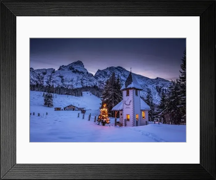 Framed Print : Watzmann in winter with small church illuminated for Christmas, winter, Upper Bavaria, Bavaria, Germany Framed Print : Watzmann in winter with small church illuminated for Christmas, winter, Upper Bavaria, Bavaria, Germany