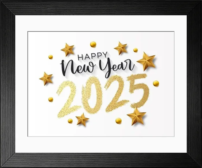 Framed Print : Happy New Year brush golden glitter painted 2025 Framed Print : Happy New Year brush golden glitter painted 2025