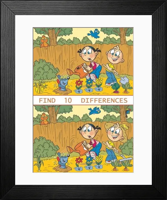 Framed Print : Vector illustration with a puzzle where you need to find ten differences in the pictures with working children in Framed Print : Vector illustration with a puzzle where you need to find ten differences in the pictures with working children in