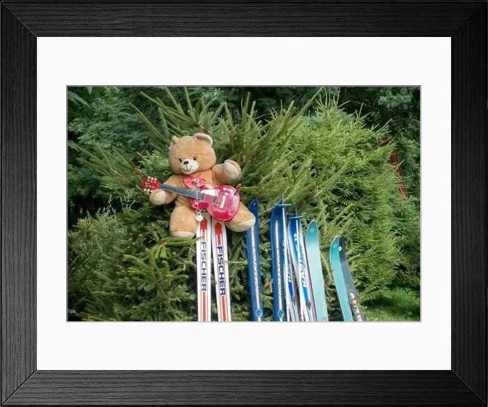 Framed Print : Teddy bear with guitar and skis Framed Print : Teddy bear with guitar and skis