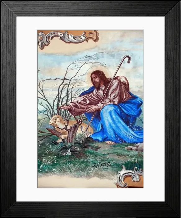 Framed Print : Christ the good shepherd on a Lüftlmalerei on house facade in Mittenwald, Upper Bavaria Framed Print : Christ the good shepherd on a Lüftlmalerei on house facade in Mittenwald, Upper Bavaria