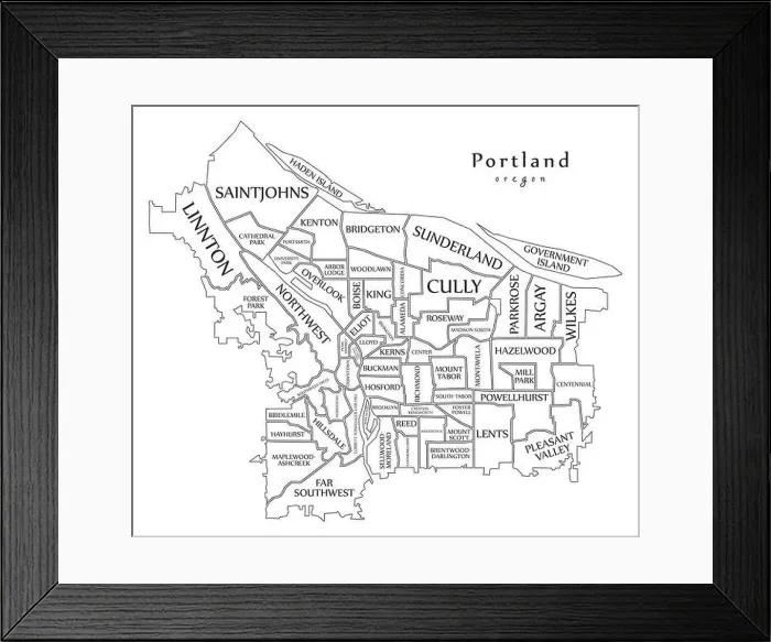 Framed Print : Modern City Map - Portland Oregon city of the USA with neighborhoods and titles outline map Framed Print : Modern City Map - Portland Oregon city of the USA with neighborhoods and titles outline map