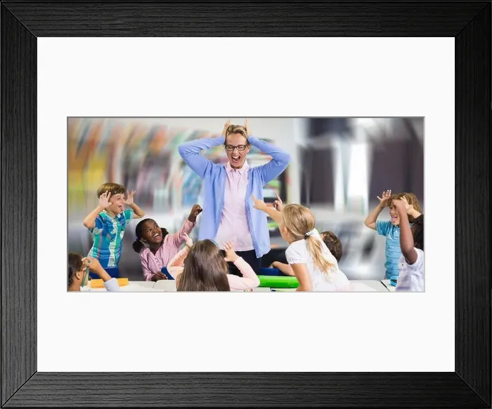 Framed Print : Frustrated teacher with naughty students against interior of empty classroom Framed Print : Frustrated teacher with naughty students against interior of empty classroom