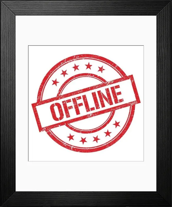 Framed Print : OFFLINE text written on red round vintage rubber stamp Framed Print : OFFLINE text written on red round vintage rubber stamp
