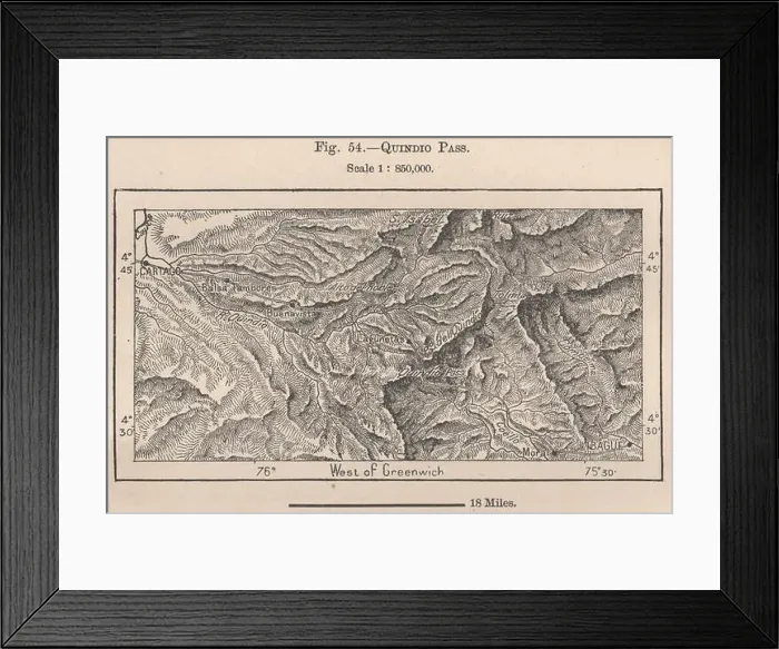 Framed Print : Quindio pass. Cartago-Ibague. Tolima. Colombia 1885 old antique map plan chart Framed Print : Quindio pass. Cartago-Ibague. Tolima. Colombia 1885 old antique map plan chart