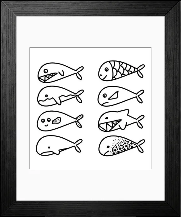 Framed Print : Set of fishes and whales, different mood cute good evil, black and white hand drawn doodle vector illustration Framed Print : Set of fishes and whales, different mood cute good evil, black and white hand drawn doodle vector illustration