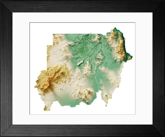 Framed Print : Sudan. Detailed 3D rendering of a shaded relief map with rivers and lakes Framed Print : Sudan. Detailed 3D rendering of a shaded relief map with rivers and lakes