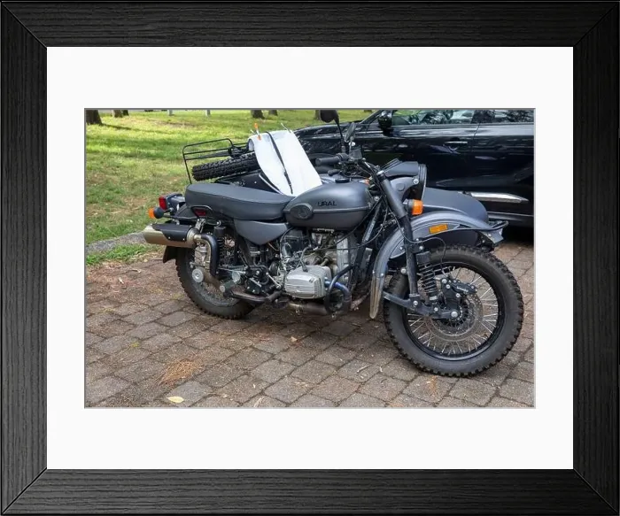 Framed Print : Ural motorbike motorcycle with a sidecar attached parked in Bayview, Sydney, NSW, Australia Framed Print : Ural motorbike motorcycle with a sidecar attached parked in Bayview, Sydney, NSW, Australia