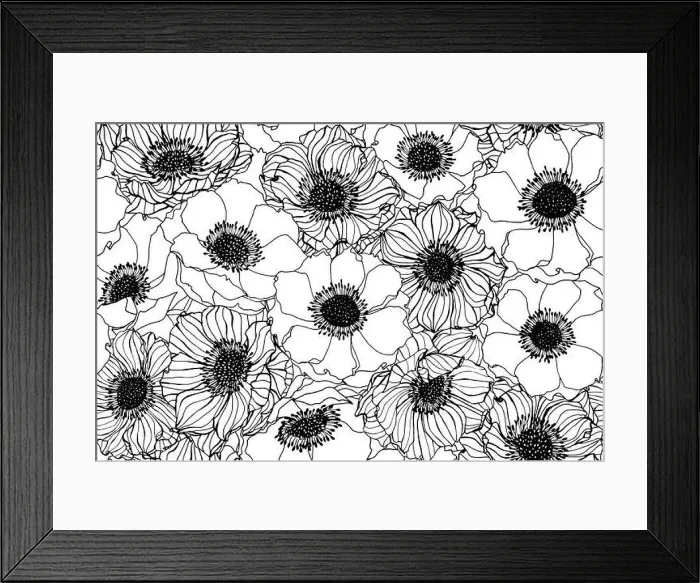 Framed Print : Seamless Anemone flower pattern background. Black and white with drawing line art illustration Framed Print : Seamless Anemone flower pattern background. Black and white with drawing line art illustration