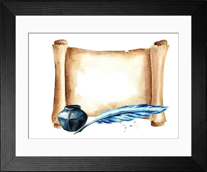 Framed Print : Old paper horizontal scroll with pen and inkwell. Watercolor hand drawn illustration isolated on white background Framed Print : Old paper horizontal scroll with pen and inkwell. Watercolor hand drawn illustration isolated on white background