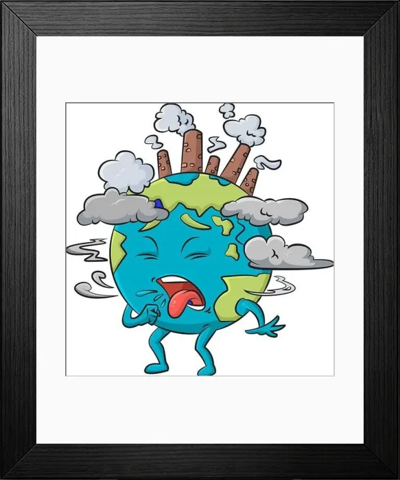 Framed Print : Cartoon vector illustration of planet Earth choking on pollution Framed Print : Cartoon vector illustration of planet Earth choking on pollution