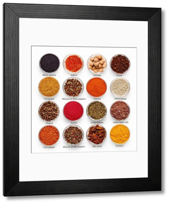 Framed Print : Collection of assorted culinary spices with names Framed Print : Collection of assorted culinary spices with names