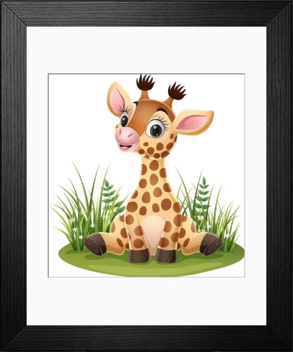 Framed Print : Cartoon little giraffe sitting in the grass Framed Print : Cartoon little giraffe sitting in the grass