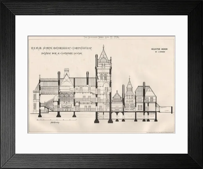 Framed Print : RIBA Soane Medallion competition. Country house by J. Conder 1876 old print Framed Print : RIBA Soane Medallion competition. Country house by J. Conder 1876 old print