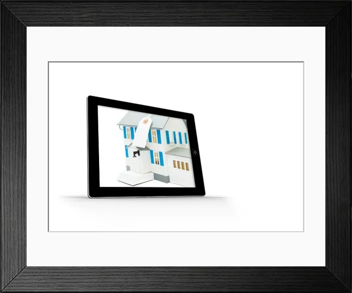 Framed Print : House with price tag on tablet screen Framed Print : House with price tag on tablet screen