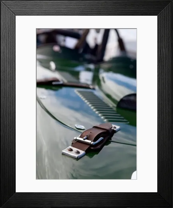 Framed Print : Old worn leather classic car bonnet straps