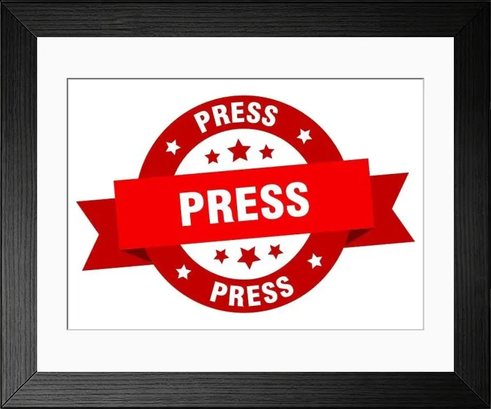 Framed Print : press ribbon. press round red sign. press Framed Print : press ribbon. press round red sign. press