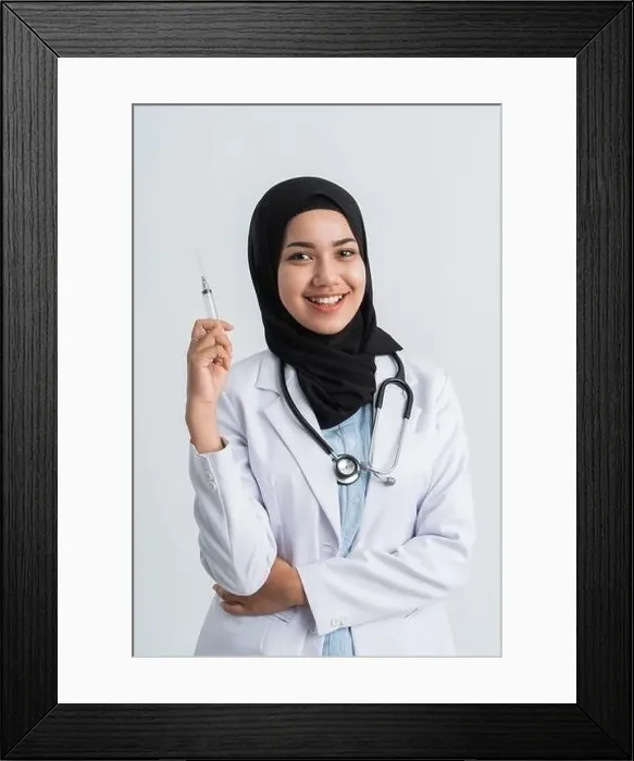 Framed Print : portrait of asian muslim female doctor holding a syringe Framed Print : portrait of asian muslim female doctor holding a syringe