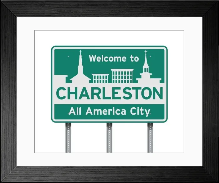 Framed Print : Vector illustration of the Welcome to Charleston green and white road sign Framed Print : Vector illustration of the Welcome to Charleston green and white road sign