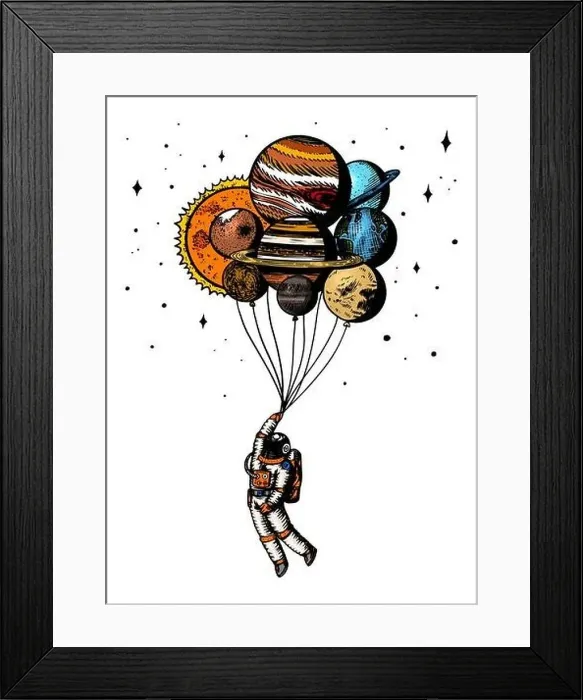 Framed Print : Soaring Spaceman. Astronaut with planets Framed Print : Soaring Spaceman. Astronaut with planets