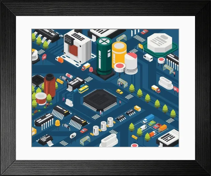 Framed Print : Colored semiconductor electronic components isometric city concept with different elements combined in city vector Framed Print : Colored semiconductor electronic components isometric city concept with different elements combined in city vector