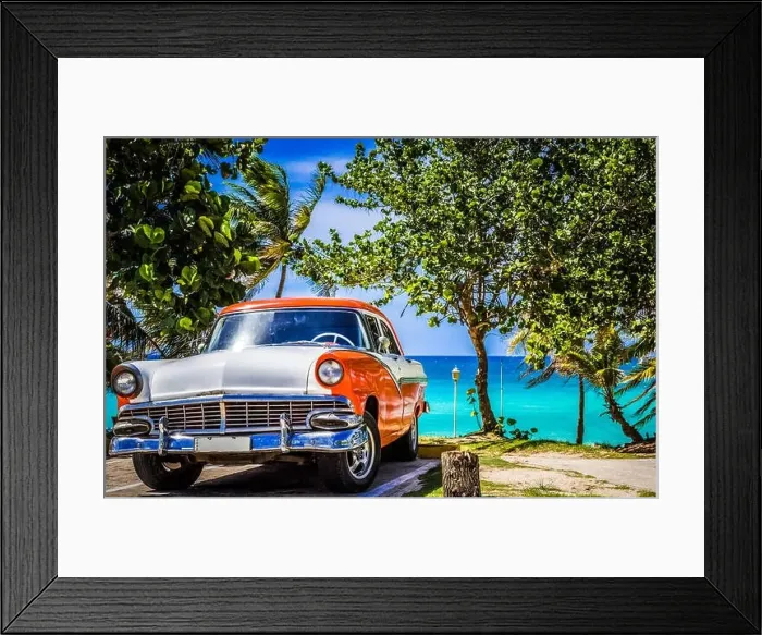 Framed Print : HDR - Parked american white orange Ford Fairlane vintage car in the front view on the beach in Varadero Cuba - Serie Framed Print : HDR - Parked american white orange Ford Fairlane vintage car in the front view on the beach in Varadero Cuba - Serie