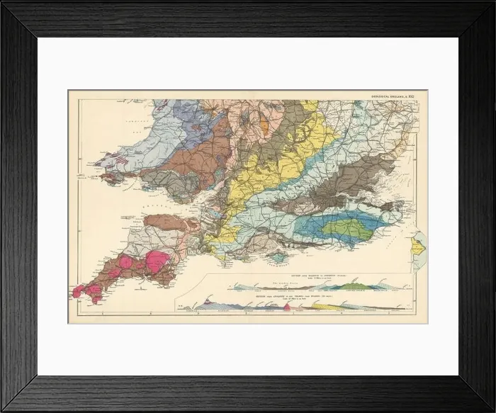 Framed Print : GEOLOGICAL ENGLAND & WALES (South sheet) antique map by GW BACON 1895 old Framed Print : GEOLOGICAL ENGLAND & WALES (South sheet) antique map by GW BACON 1895 old