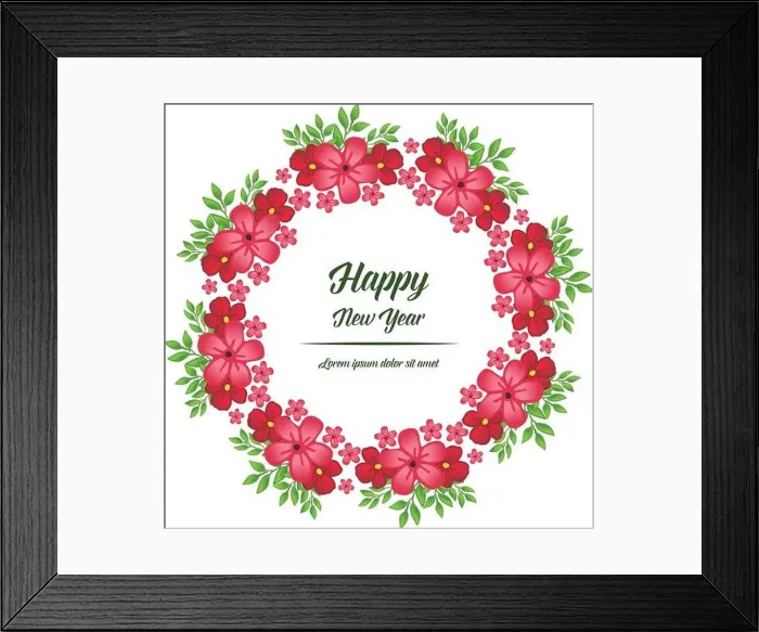 Framed Print : Happy new year greeting card template, with drawing of green leaf flower frame elegant. Vector Framed Print : Happy new year greeting card template, with drawing of green leaf flower frame elegant. Vector