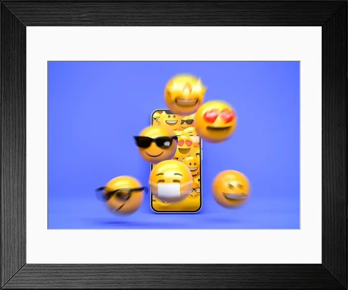 Framed Print : Social Emdia concept: 3d Emojis escaping from a mobile phone. Motion blur Framed Print : Social Emdia concept: 3d Emojis escaping from a mobile phone. Motion blur