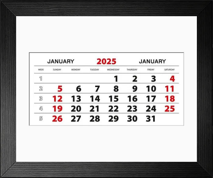 Framed Print : Wall calendar 2025 for january, week start from sunday. Block size 297x140 mm Framed Print : Wall calendar 2025 for january, week start from sunday. Block size 297x140 mm
