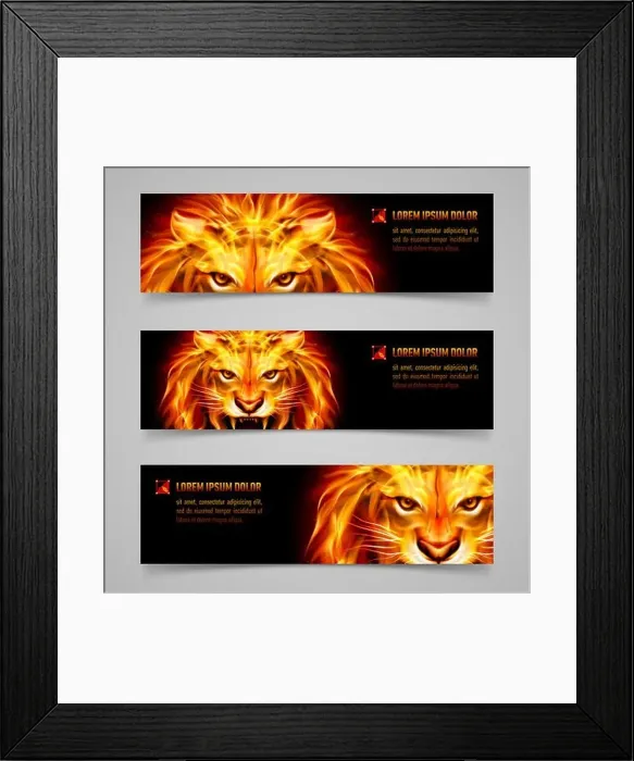 Framed Print : Set of banners with mystic lion in orange flame Framed Print : Set of banners with mystic lion in orange flame