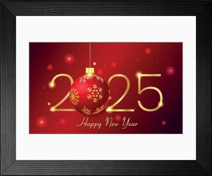 Framed Print : Elegant 2025 Happy New Year Background with Red and Gold Christmas Ornament Framed Print : Elegant 2025 Happy New Year Background with Red and Gold Christmas Ornament
