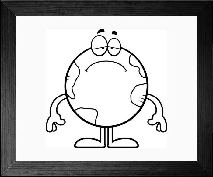 Framed Print : A cartoon illustration of the planet Earth looking sad Framed Print : A cartoon illustration of the planet Earth looking sad