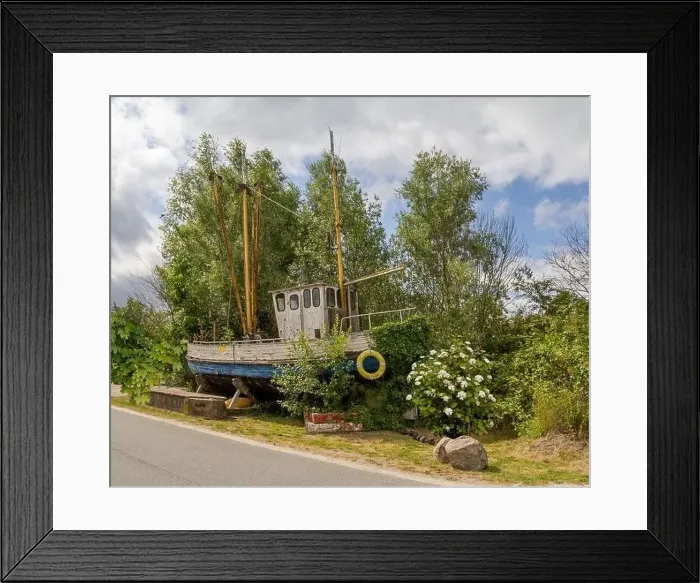 Framed Print : roadside scenery showing a rundown fishing cutter seen at Varel in East Frisia, Germany Framed Print : roadside scenery showing a rundown fishing cutter seen at Varel in East Frisia, Germany