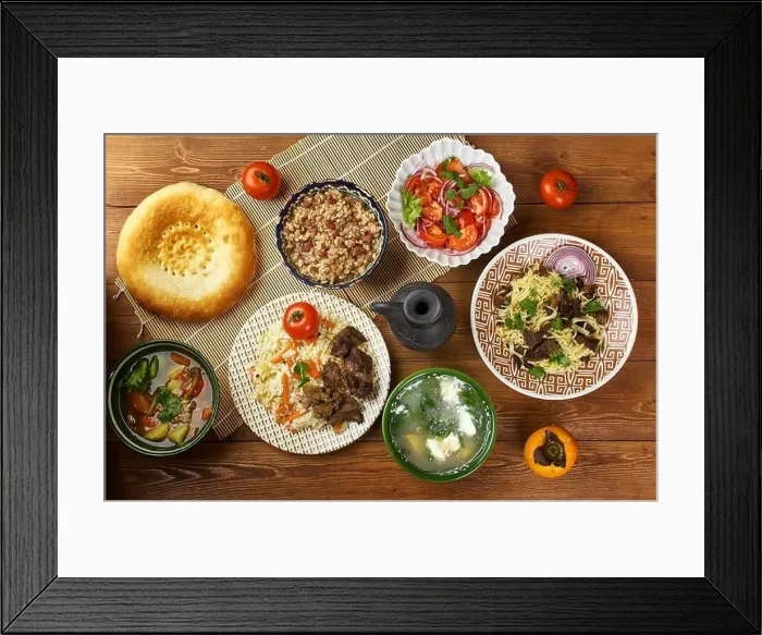 Framed Print : Tajik cuisine, Traditional assorted Tajik dishes, Top view Framed Print : Tajik cuisine, Traditional assorted Tajik dishes, Top view
