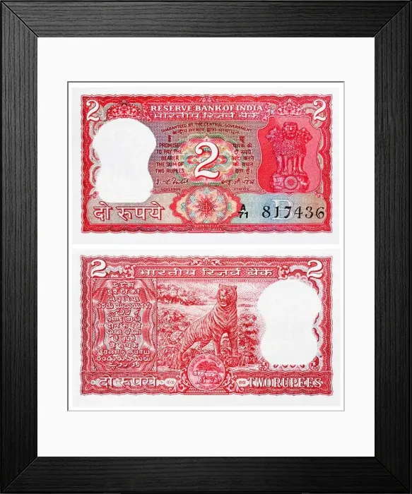 Framed Print : 2 rupees banknote, Ashoka column, Bengal tiger, India, 1985 Framed Print : 2 rupees banknote, Ashoka column, Bengal tiger, India, 1985
