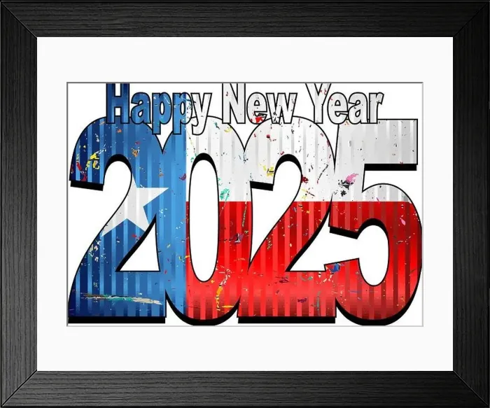 Framed Print : Happy New Year 2025 with Texas flag inside - Illustration, 2025 HAPPY NEW YEAR NUMERALS, 2025 Texas Flag Numbers