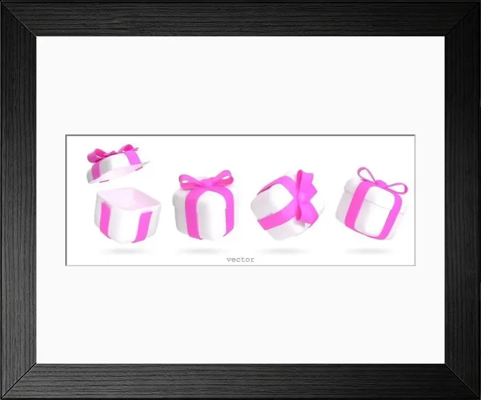 Framed Print : Set of vector 3d gift boxes open and closed with pink ribbon bow Framed Print : Set of vector 3d gift boxes open and closed with pink ribbon bow