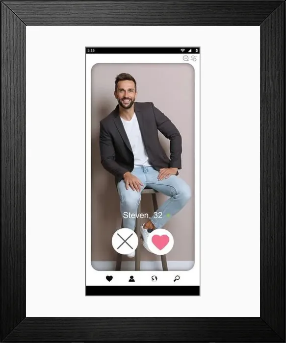 Framed Print : Dating site account of handsome man. Profile photo, information and icons Framed Print : Dating site account of handsome man. Profile photo, information and icons