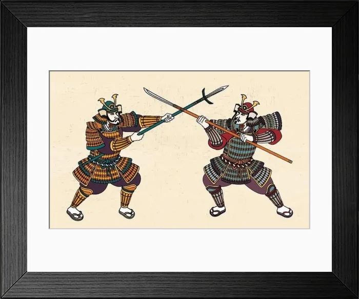Framed Print : Two Japanese samurai in amour fighting through sword Framed Print : Two Japanese samurai in amour fighting through sword