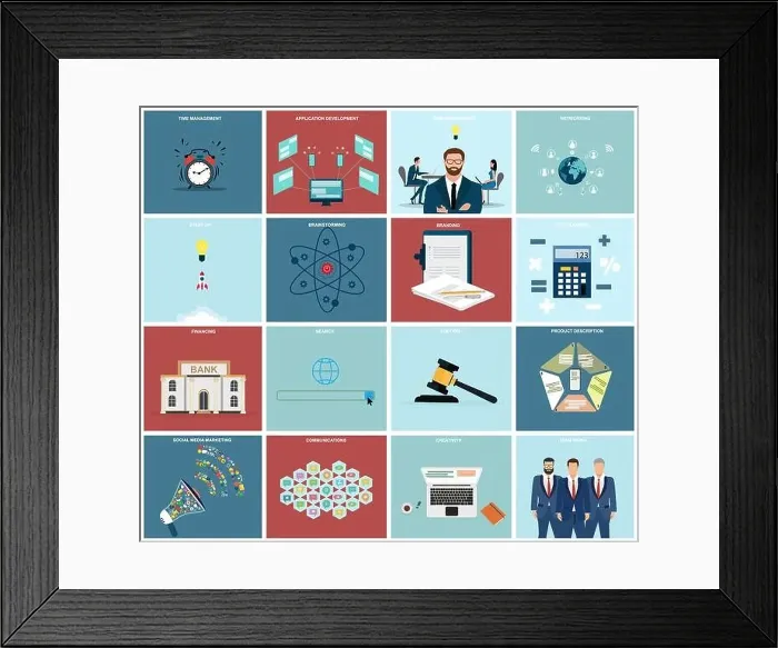 Framed Print : Vector set of a business management, financial services and risk analysis icons for website development Framed Print : Vector set of a business management, financial services and risk analysis icons for website development