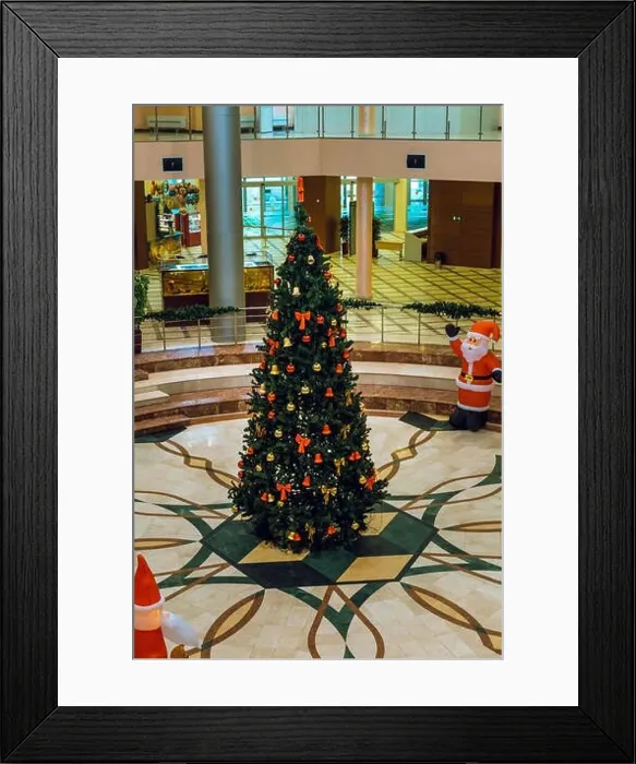 Framed Print : Christmas tree in the hall for Christmas celebrations, decorated and ready to meet children Framed Print : Christmas tree in the hall for Christmas celebrations, decorated and ready to meet children