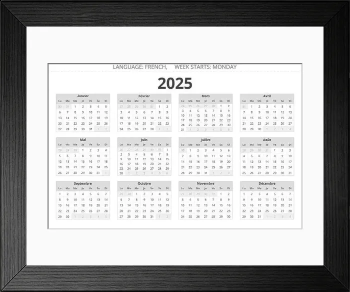 Framed Print : 2025 french calendar. Editable vector illustration in grey colors for France. 12 months year calendrier Framed Print : 2025 french calendar. Editable vector illustration in grey colors for France. 12 months year calendrier