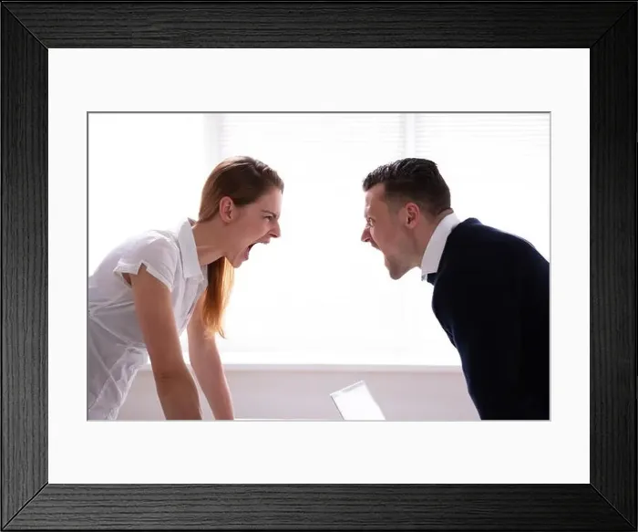 Framed Print : Side View Of Two Businesspeople Shouting At Each Other In Office Framed Print : Side View Of Two Businesspeople Shouting At Each Other In Office