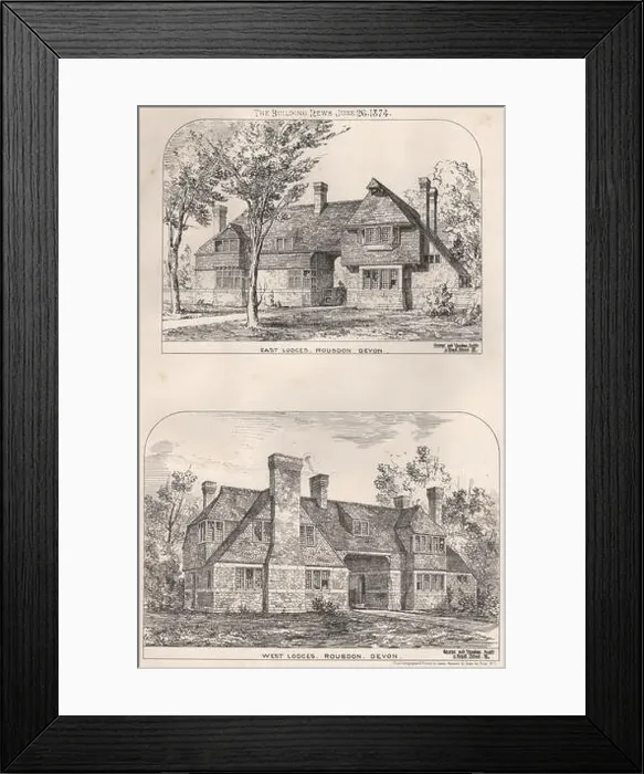 Framed Print : West & east lodges, Rousdon, Devon; George & Vaughan Architects, print 1874 Framed Print : West & east lodges, Rousdon, Devon; George & Vaughan Architects, print 1874